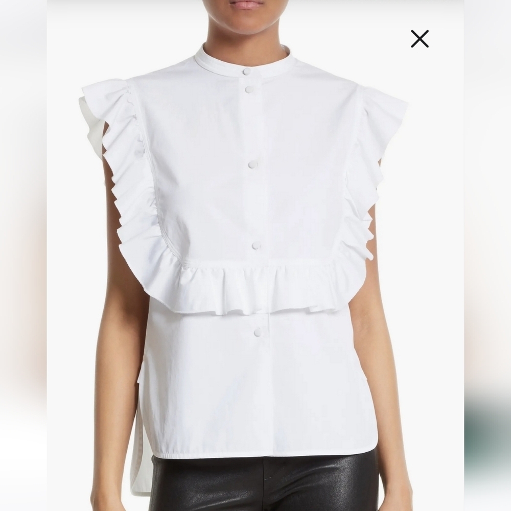 Helmut Lang White Ruffle Bib Cotton Poplin Shirt Medium Ruffle Bitton Up